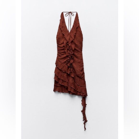Zara chocolate ruched and Ruffled mini Dress, S - Picture 1 of 4